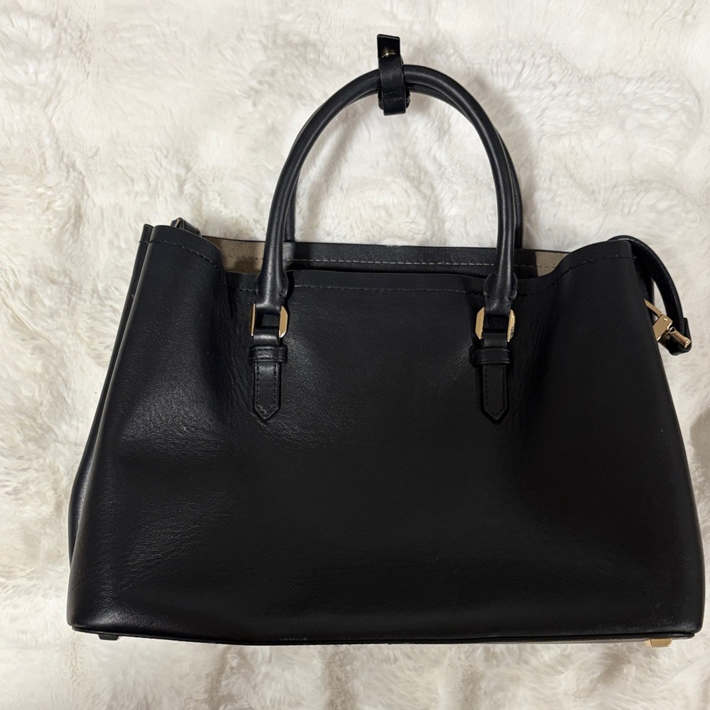 Structured Black Leather Tote Bag with Gold Accents